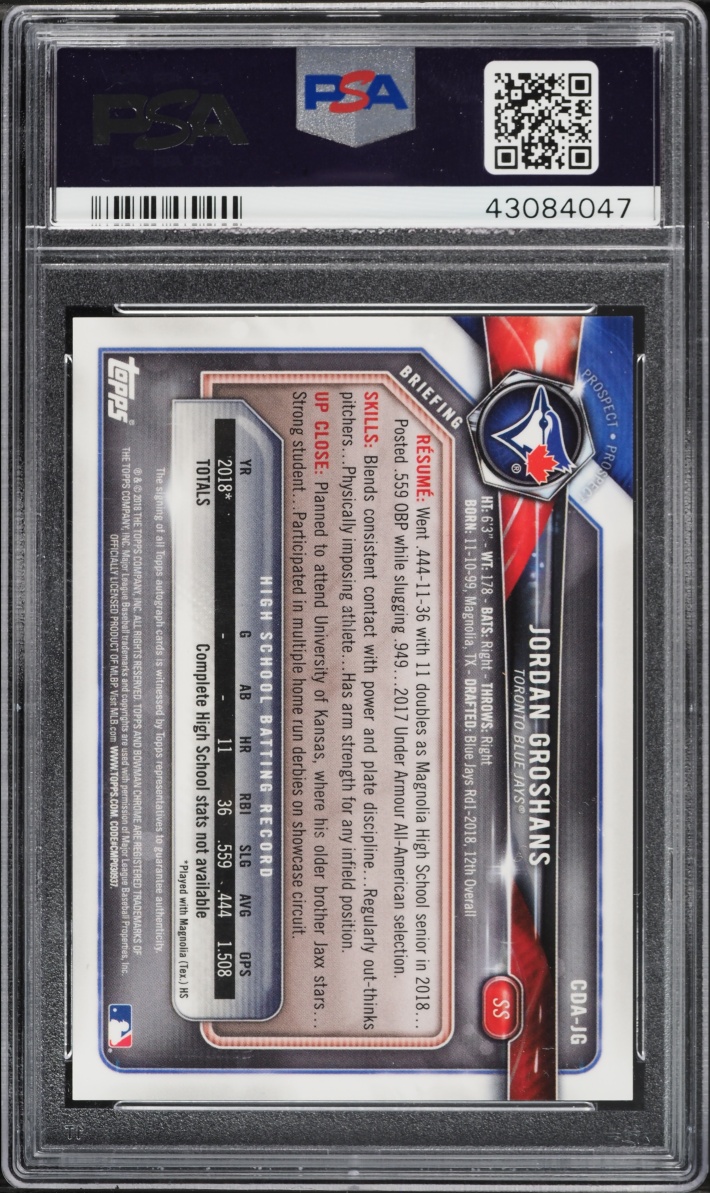 2018 Bowman Chrome Draft Picks Jordan Groshans PROSPECT AUTO #CDA-JG PSA 10 GEM MINT