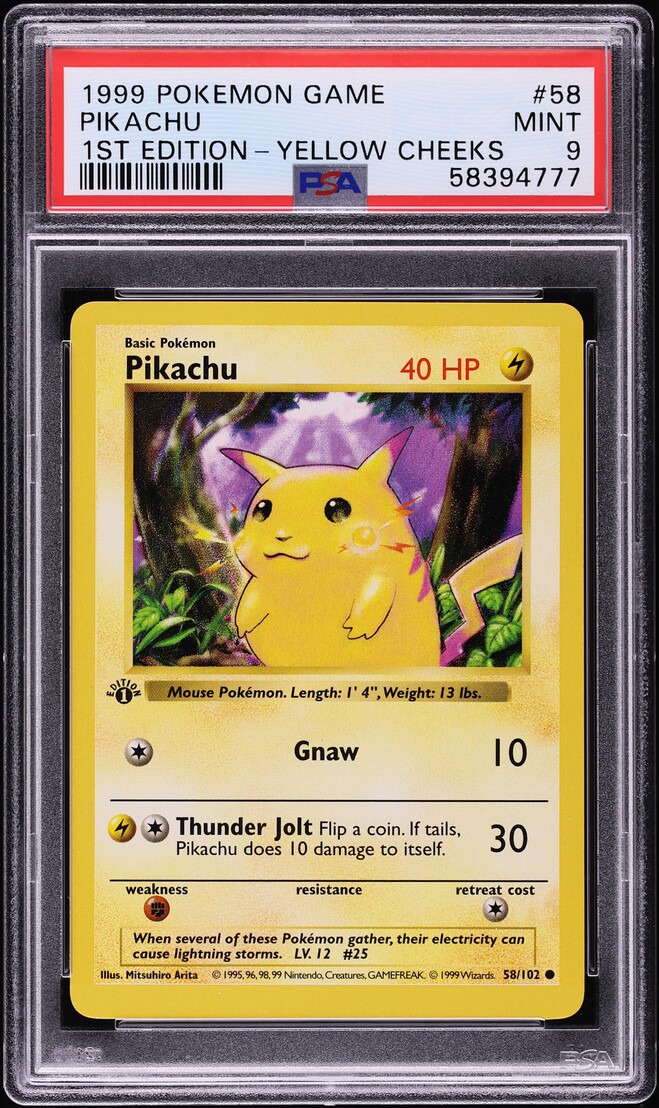 1999 Pokemon Base Set Shadowless 1st Edition Yellow Cheeks Pikachu #58 PSA 9 MINT