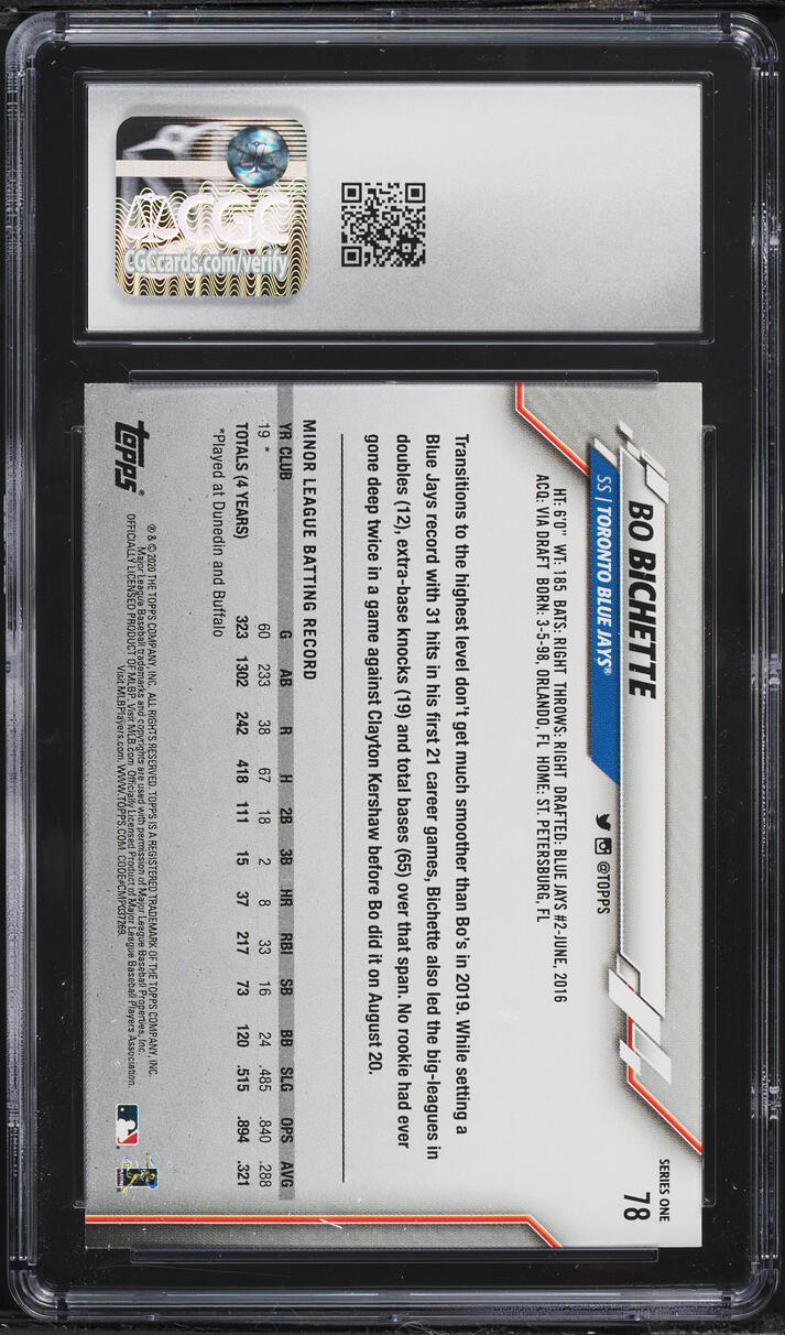 2020 Topps Bo Bichette ROOKIE #78 CGC 10 GEM MINT