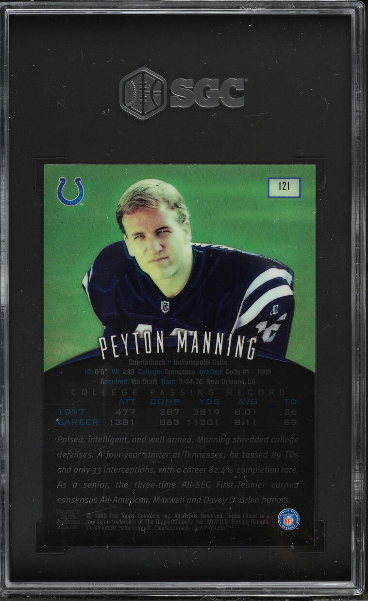 1998 Topps Finest No-Protector Peyton Manning ROOKIE #121 SGC 8 NM-MT