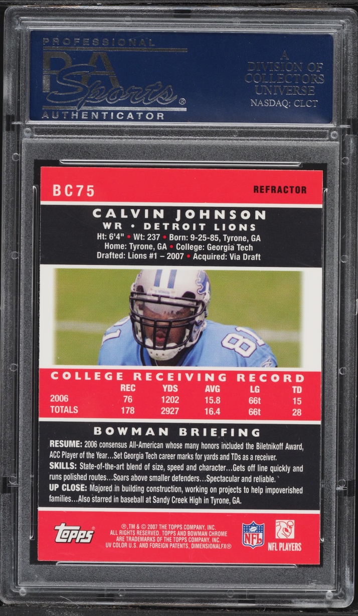 2007 Bowman Chrome Refractor Calvin Johnson ROOKIE #BC75 PSA 9 MINT