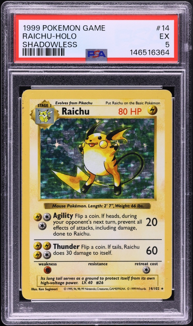 1999 Pokemon Base Set Shadowless Holo Raichu #14 PSA 5 EX