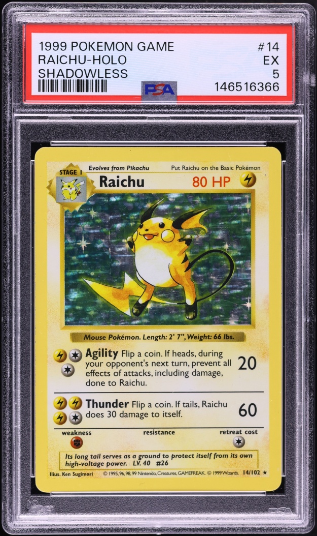 1999 Pokemon Base Set Shadowless Holo Raichu #14 PSA 5 EX