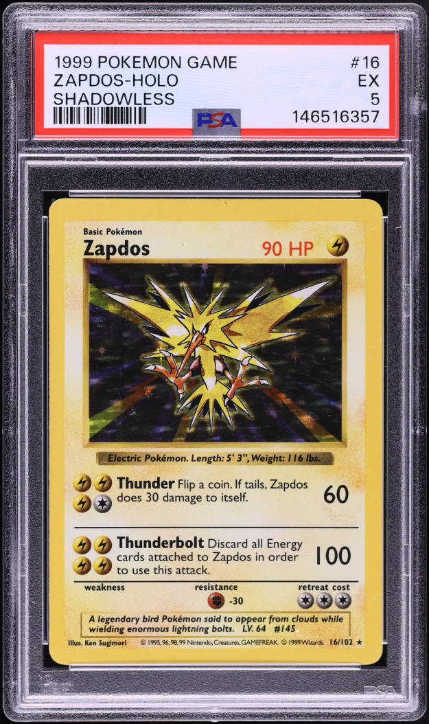 1999 Pokemon Base Set Shadowless Holo Zapdos #16 PSA 5 EX