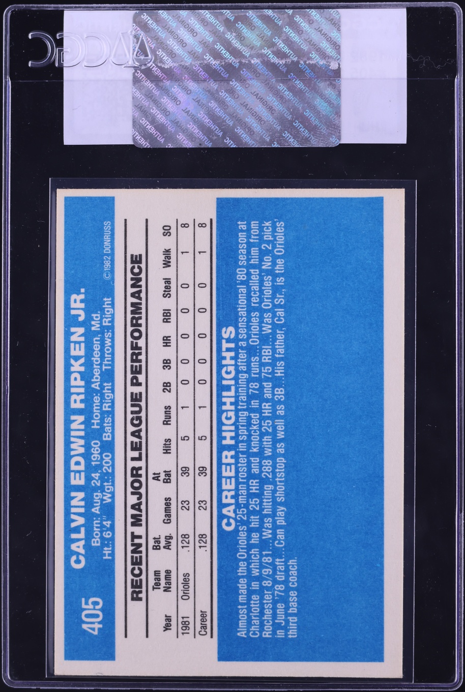 1982 Donruss Cal Ripken Jr. ROOKIE #405 CGC AUTH