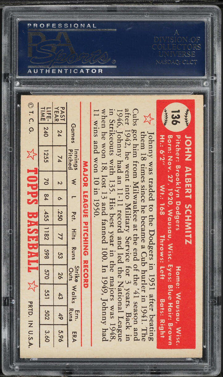 1952 Topps Johnny Schmitz #136 PSA 7 NRMT
