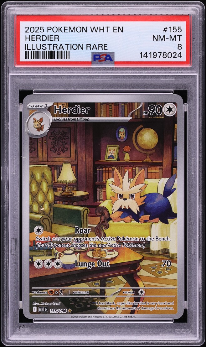 2025 Pokemon Scarlet & Violet White Flare IR Herdier #155 PSA 8 NM-MT
