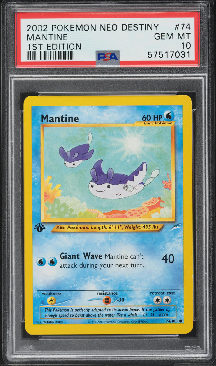 2002 Pokemon Neo Destiny 1st Edition Mantine #74 PSA 10 GEM MINT