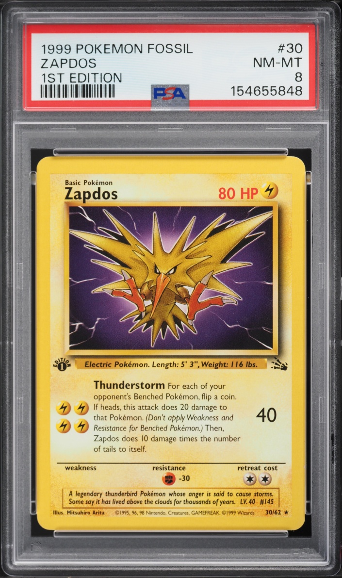 1999 Pokemon Fossil 1st Edition Zapdos #30 PSA 8 NM-MT