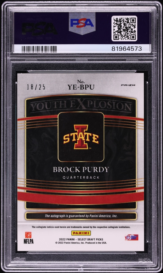 2022 Select Draft Picks Youth Explosion Tie-Dye Prizm Brock Purdy ROOKIE AUTO /25 #YE-BPU PSA 9