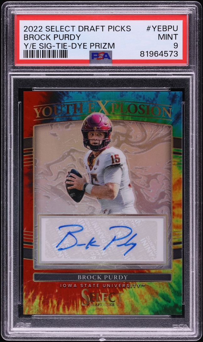 2022 Select Draft Picks Youth Explosion Tie-Dye Prizm Brock Purdy ROOKIE AUTO /25 #YE-BPU PSA 9