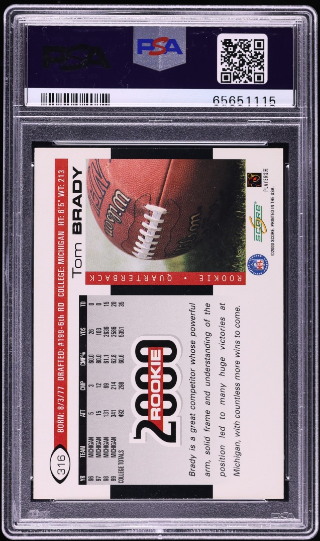 2000 Score Football Tom Brady ROOKIE #316 PSA 8 NM-MT