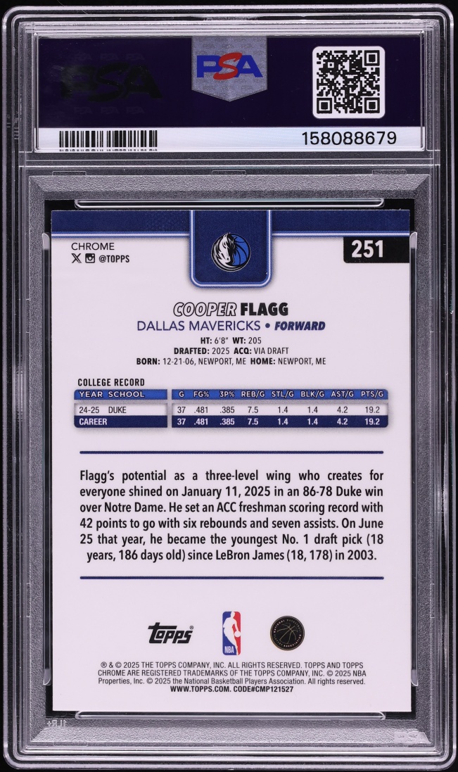 2025 Topps Chrome Cooper Flagg ROOKIE #251 PSA 10 GEM MINT