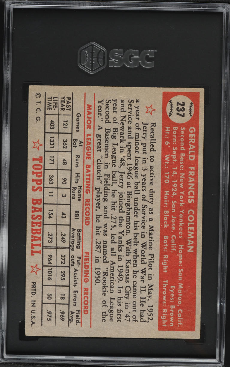 1952 Topps Jerry Coleman #237 SGC 5 EX