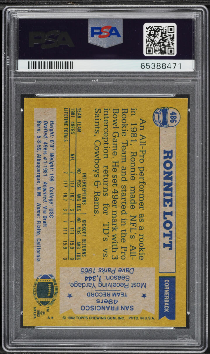 1982 Topps Football Ronnie Lott ROOKIE, ALL-PRO #486 PSA 9 MINT