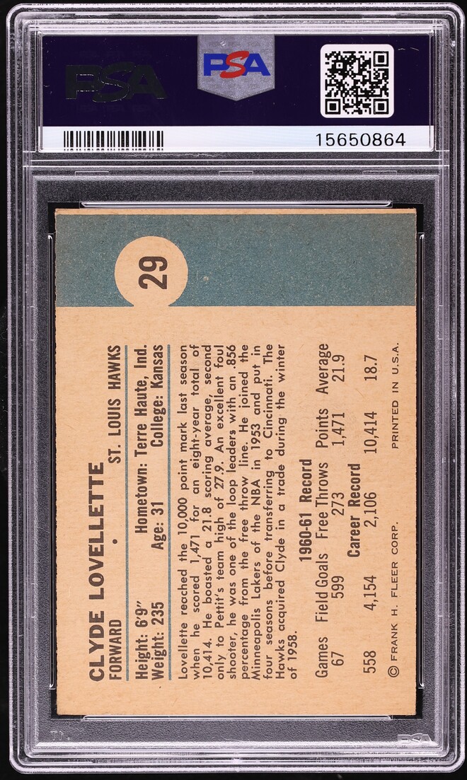 1961 Fleer Basketball Clyde Lovellette #29 PSA 8 NM-MT