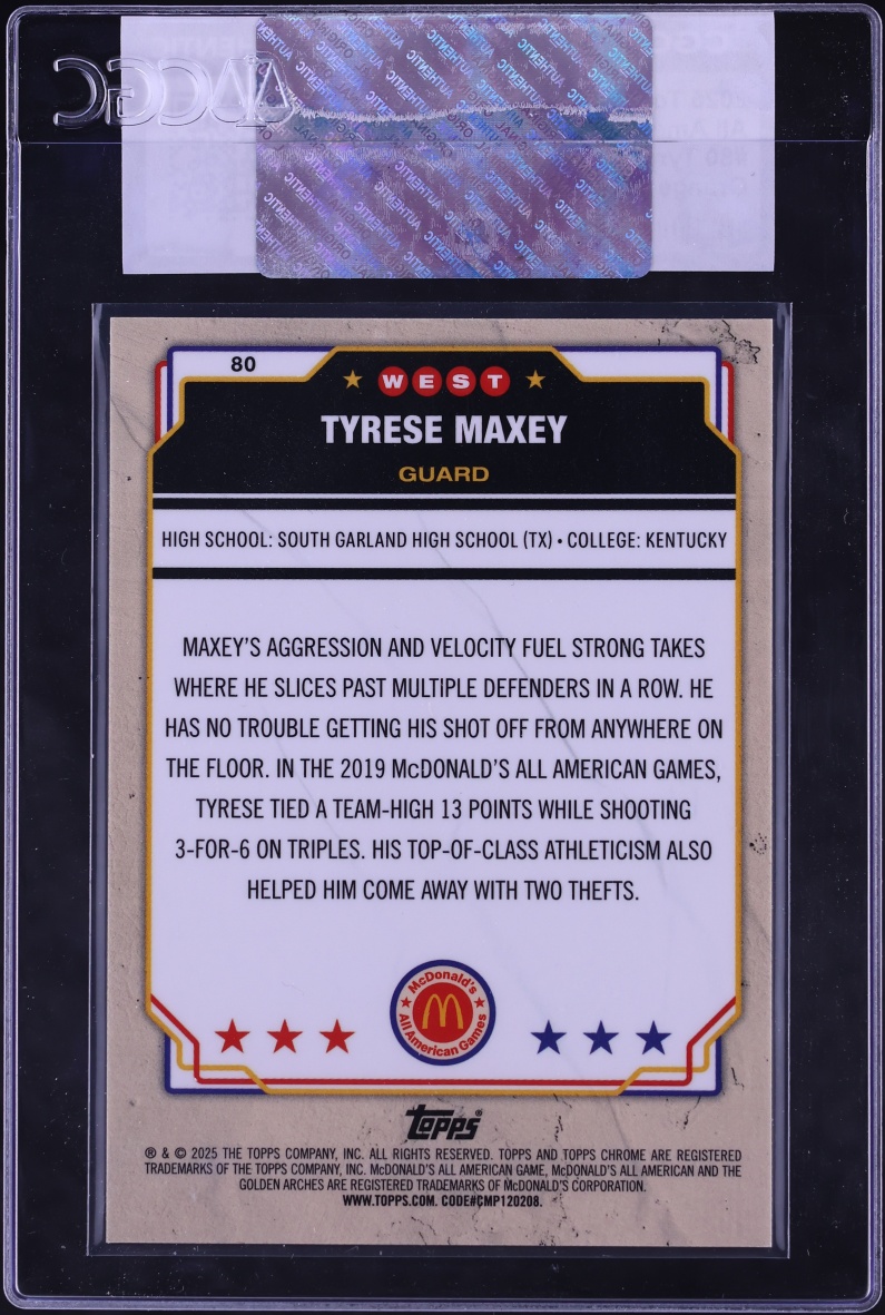 2025 Topps Chrome McDonald's All American Orange Refractor Tyrese Maxey /15 #80 CGC AUTH