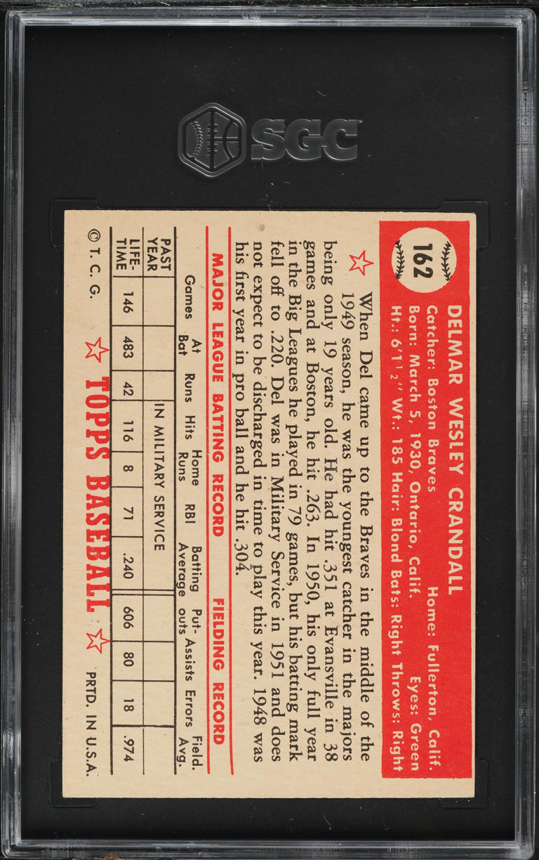 1952 Topps Del Crandall #162 SGC 4 VGEX