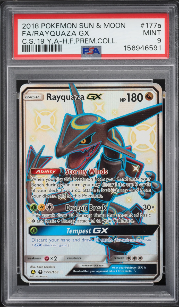 2018 Pokemon SM Hidden Fates Premium Full Art Shiny Rayquaza GX #117a PSA 9 MINT