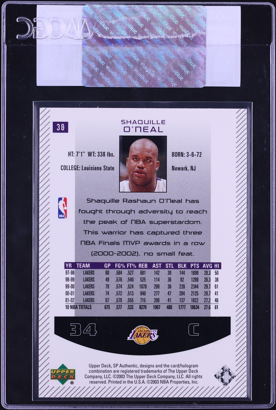 2002 SP Authentic Shaquille O'Neal #38 CGC AUTH