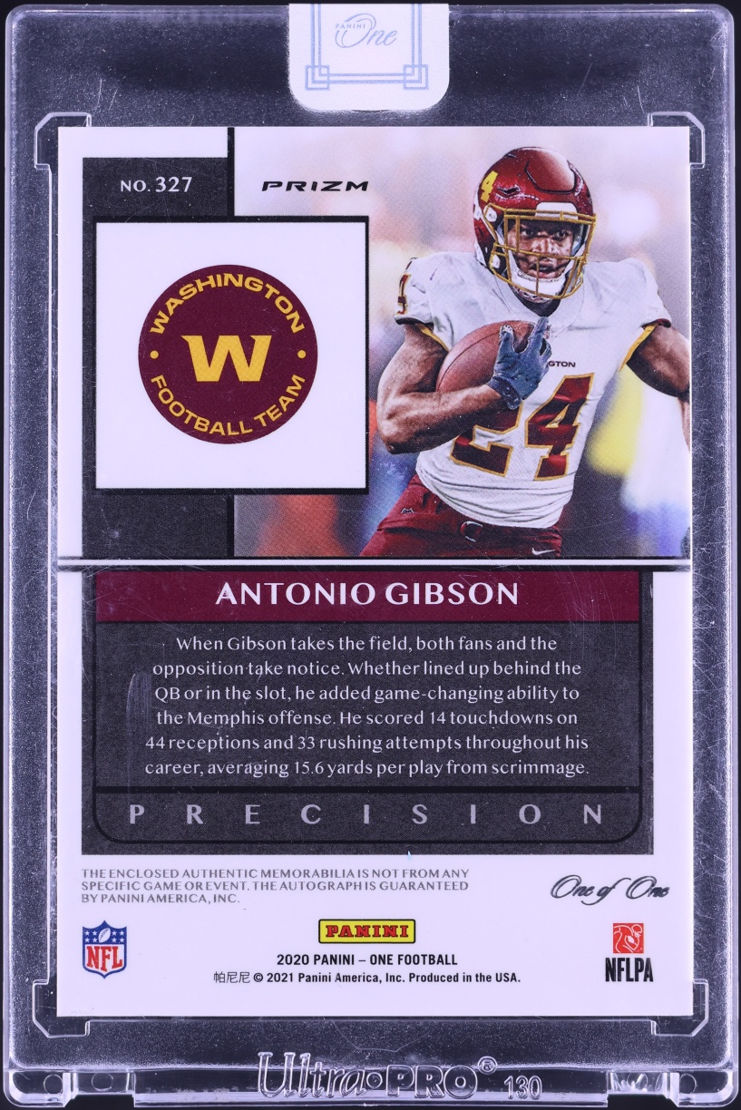 2020 Panini One Precision Gold Vinyl Prizm Antonio Gibson ROOKIE NFL SHIELD PATCH AUTO 1/1 #327