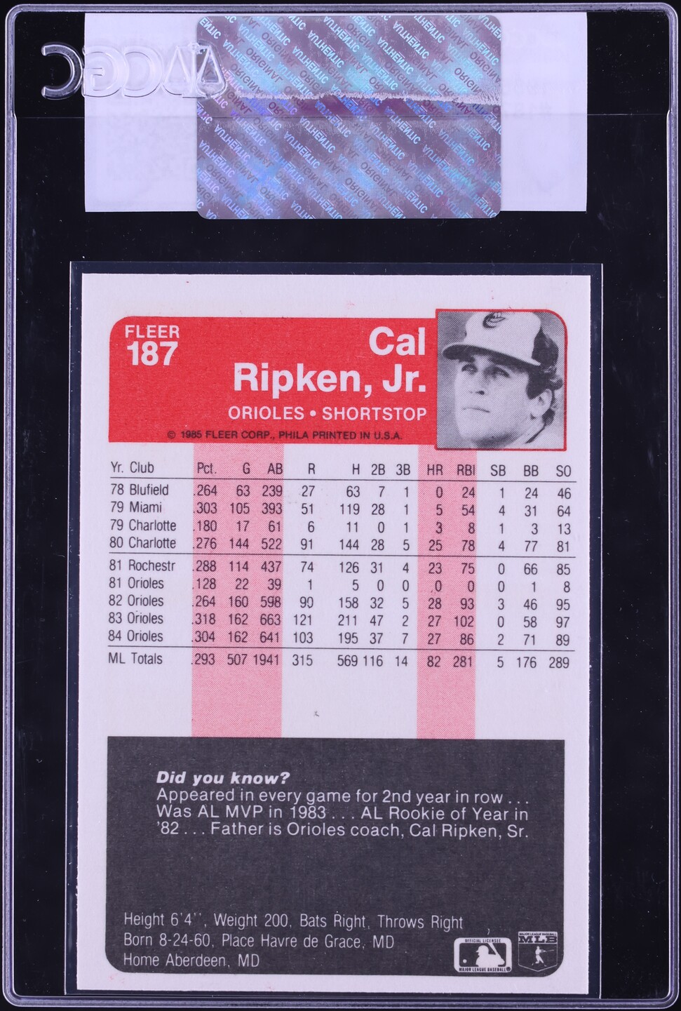 1985 Fleer Cal Ripken Jr. #187 CGC AUTH