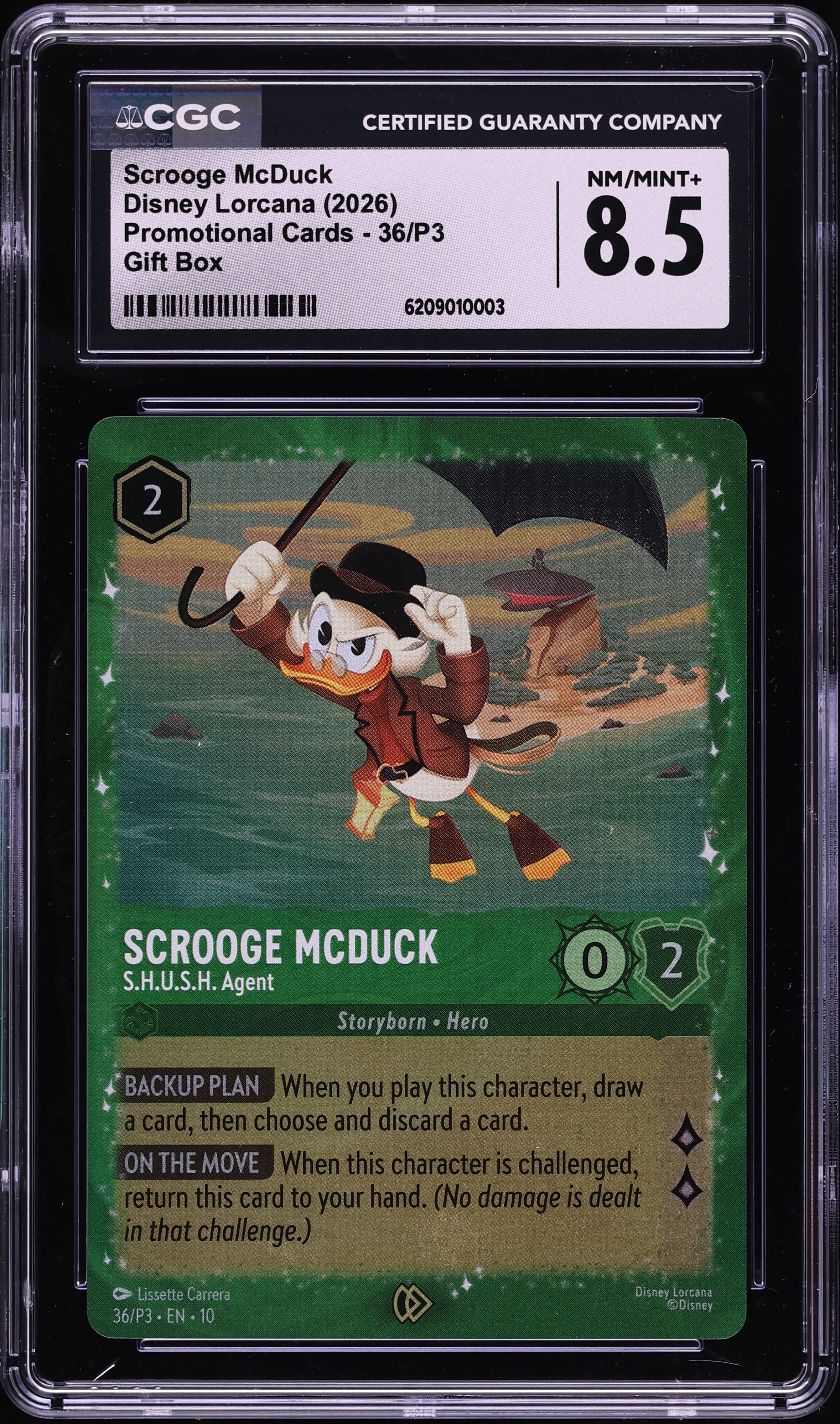 2026 Disney Lorcana Promo Gift Box Scrooge McDuck S.H.U.S.H. Agent #36 CGC 8.5 NM-MT+