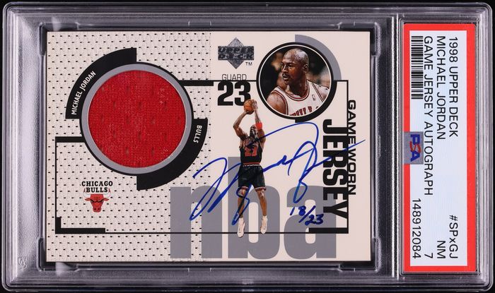 1998 Upper Deck Game Jersey Autographs Michael Jordan PATCH AUTO /23 #SPx-GJ PSA 7 NRMT