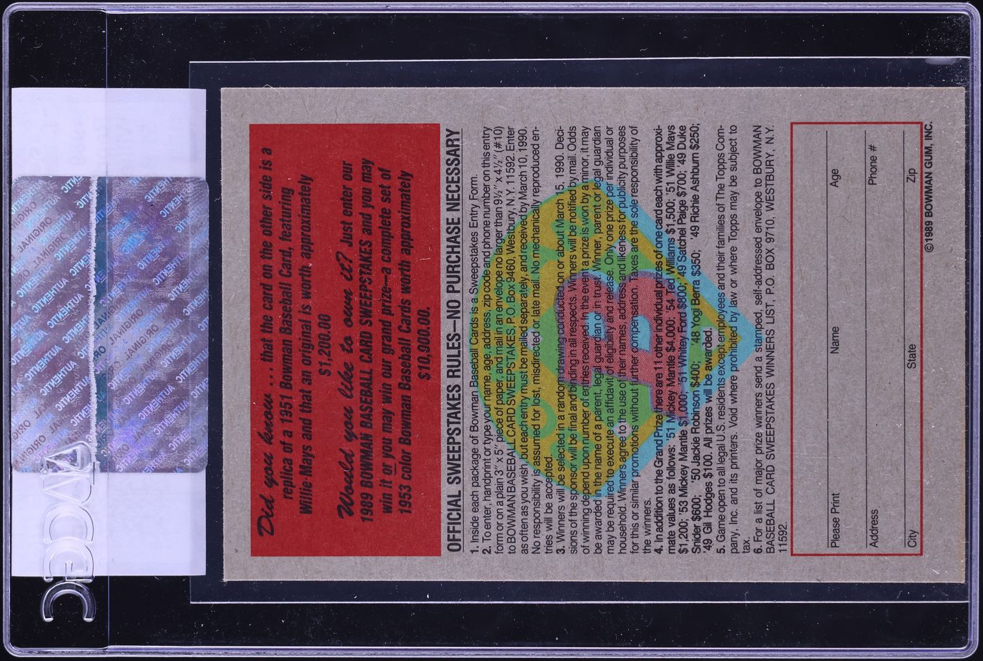 1989 Bowman Reprint Inserts '51 Willie Mays CGC AUTH