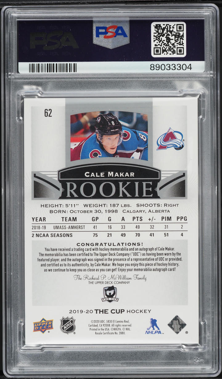 2019 Upper Deck The Cup Cale Makar ROOKIE PATCH AUTO /99 #62 PSA 8 NM-MT