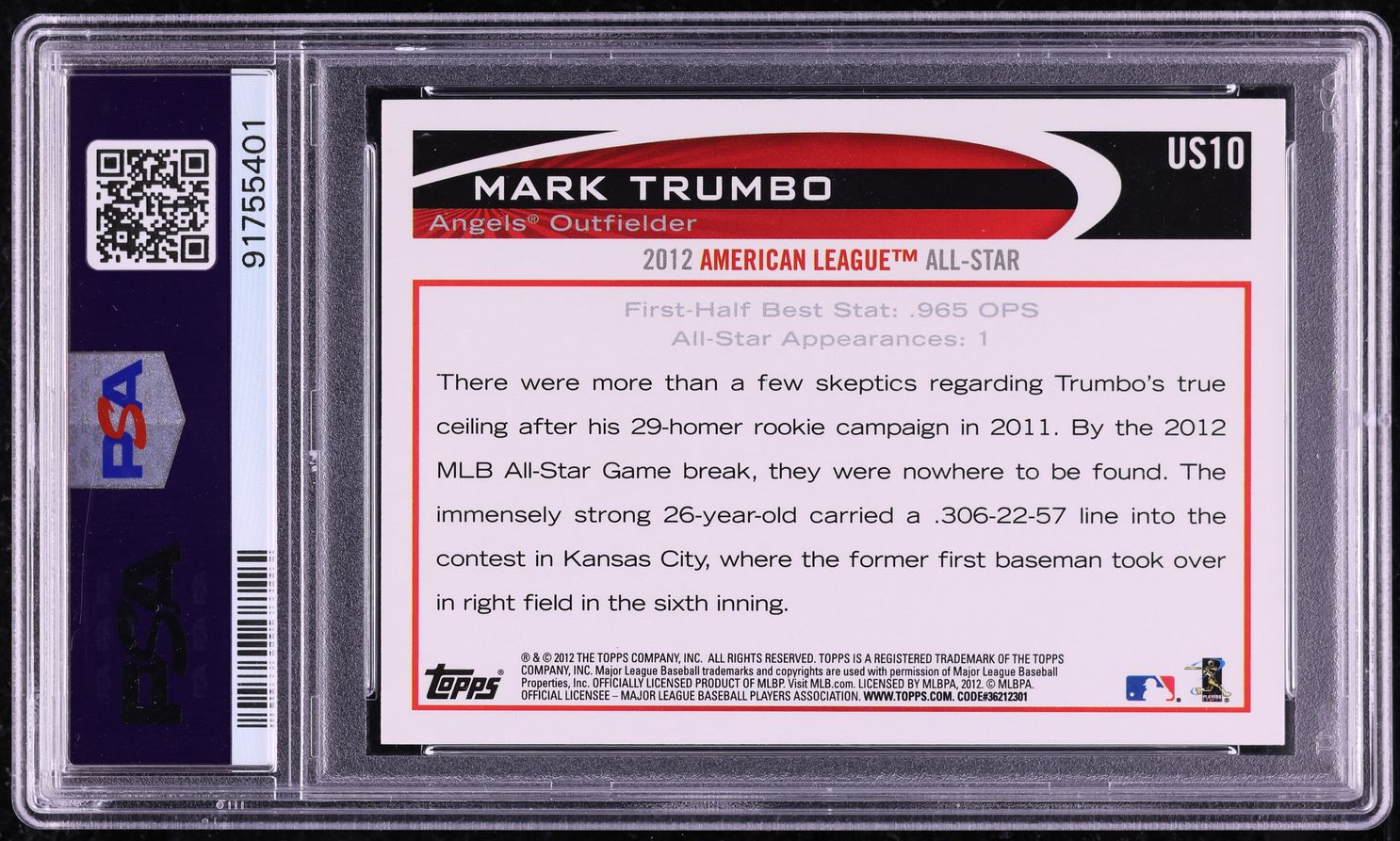 2012 Topps Update Mark Trumbo SP #US10 PSA 10 GEM MINT