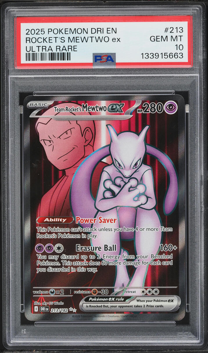 2025 Pokemon Scarlet & Violet Destined Rivals Full Art Team Rocket's Mewtwo ex #213 PSA 10 GEM