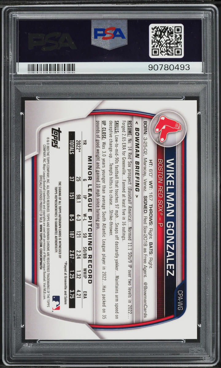 2023 Bowman Chrome Wikelman Gonzalez PROSPECT AUTO #CPA-WG PSA 10 GEM MINT
