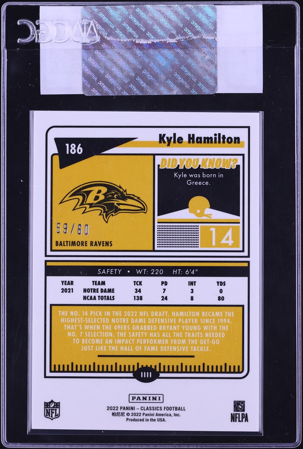 2022 Panini Classics Timeless Tributes Premium Gold Kyle Hamilton ROOKIE /60 #186 CGC AUTH