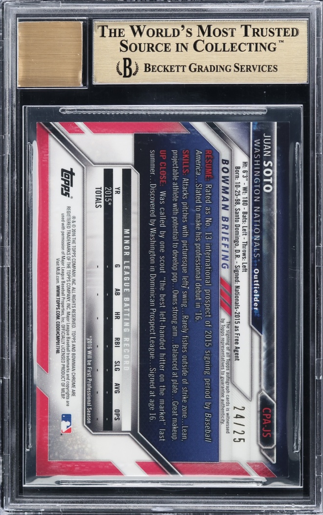 2016 Bowman Chrome Orange Refractor Juan Soto PROSPECT AUTO /25 #CPA-JS BGS 9.5 GEM MINT