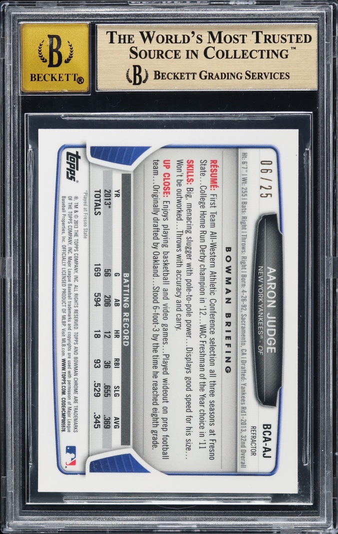 2013 Bowman Chrome Draft Orange Refractor Aaron Judge PROSPECT AUTO /25 #AJ BGS 9.5 GEM MINT