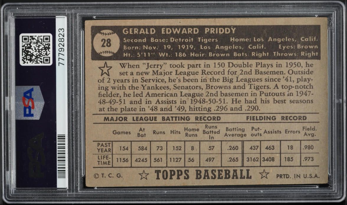1952 Topps Jerry Priddy BLACK BACK #28 PSA 4 VGEX