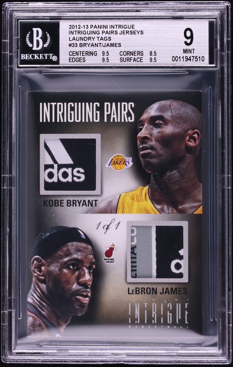2012 Panini Intrigue Intriguing Pairs Laundry Tags Kobe Bryant LeBron James PATCH 1/1 #33 BGS 9