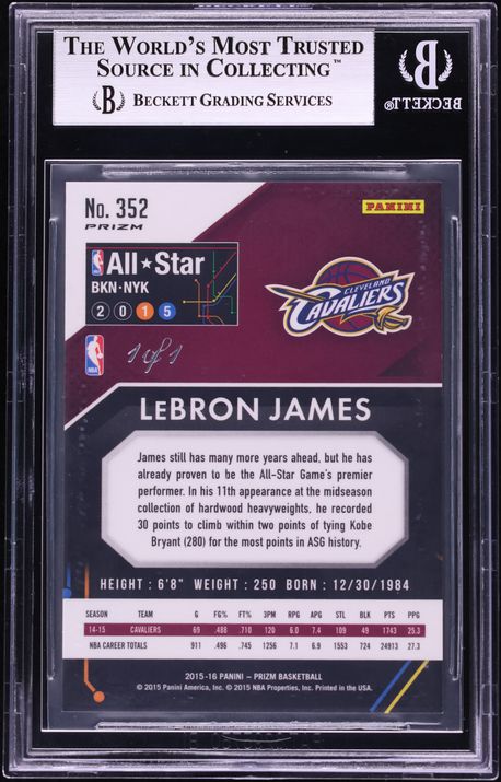 2015 Panini Prizm Black LeBron James 1/1 #352 BGS 9 MINT - Photo 2