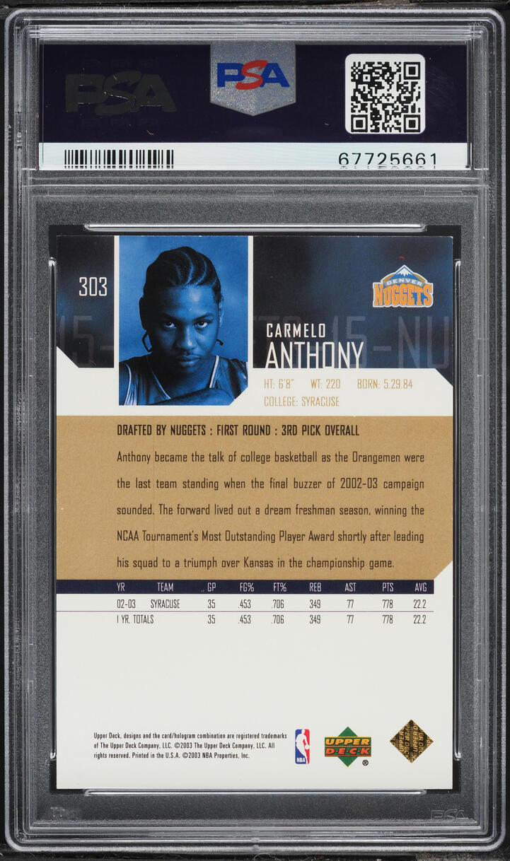 2003 Upper Deck Exclusives Carmelo Anthony ROOKIE /100 #303 PSA 8.5 NM-MT+