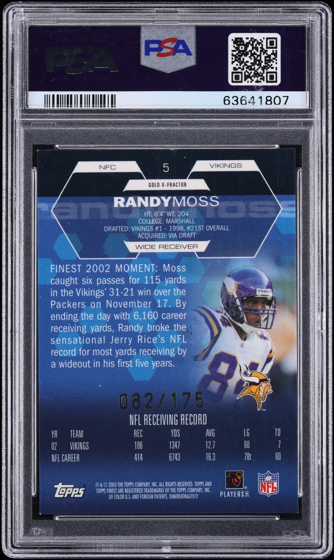 2003 Finest Gold Xfractor Randy Moss /175 #5 PSA 8 NM-MT - Photo 2