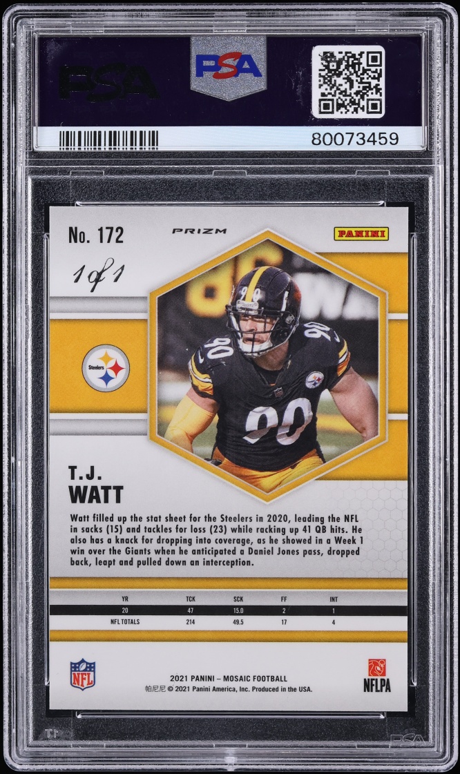 2021 Panini Mosaic Nebula Choice T.J. Watt 1/1 #172 PSA 10 GEM MINT - Photo 2