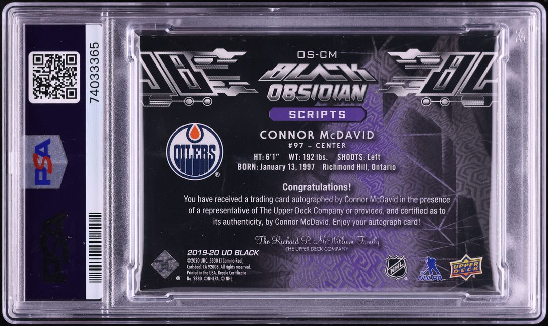 2019 SPx Black Obsidian Scripts Purple Connor McDavid AUTO DNA 10 /10 ...