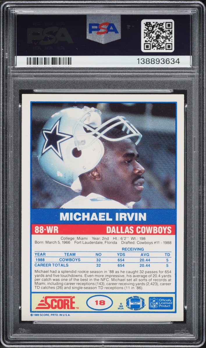 1989 Score Football Michael Irvin ROOKIE AUTO DNA 10 #18 PSA 8 NM-MT