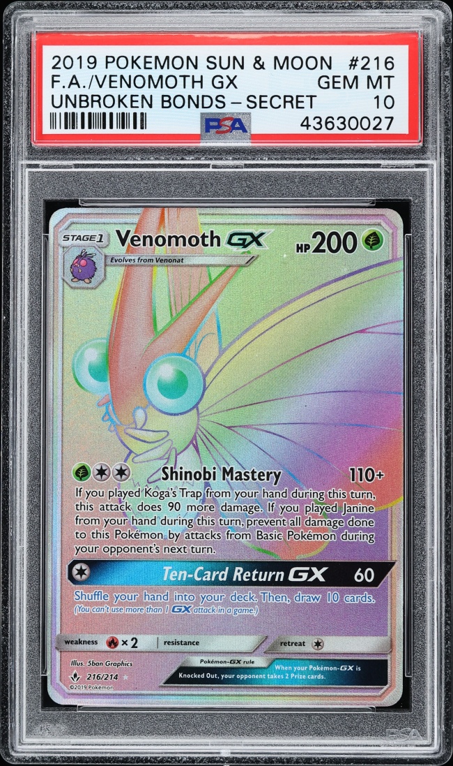 2019 Pokemon Sun & Moon Unbroken Bonds Rainbow Rare Venomoth GX #216 PSA 10 GEM MINT