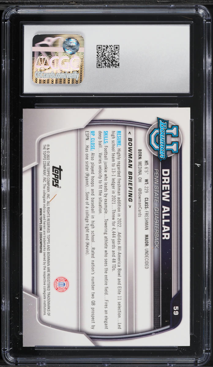 2022 Bowman Chrome University Drew Allar ROOKIE #59 CGC 9 MINT