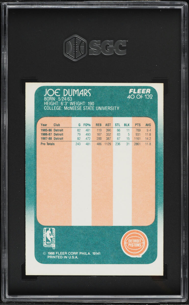 1988 Fleer Basketball Joe Dumars #40 SGC 5 EX