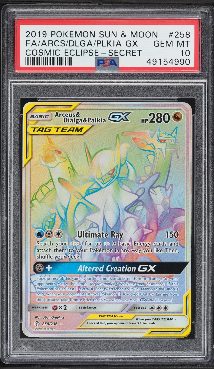 2019 Pokemon Sun & Moon Cosmic Eclipse Rainbow Rare Arceus & Dialga & Palkia GX #258 PSA 10 GEM