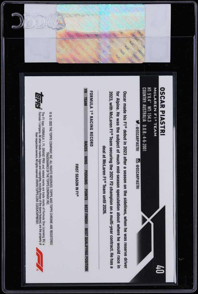 2023 Topps Chrome Sapphire F1 Aqua Oscar Piastri ROOKIE /99 #40 CGC AUTH - Photo 2