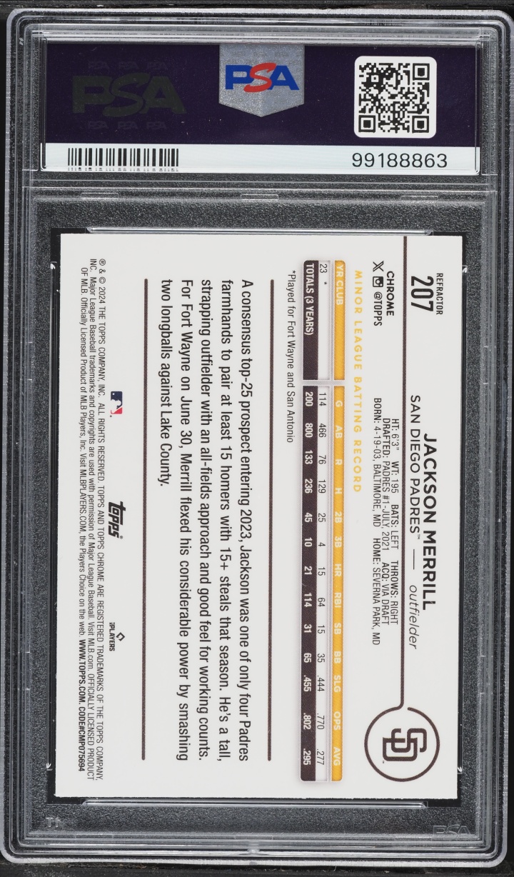 2024 Topps Chrome Refractor Jackson Merrill ROOKIE #207 PSA 9 MINT